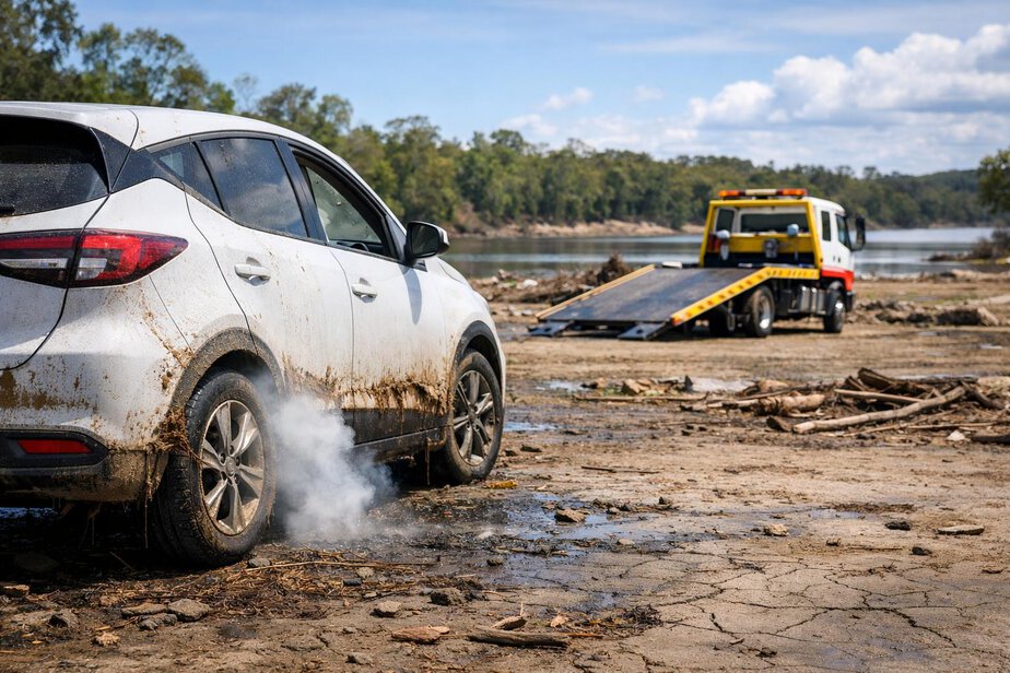 Flood-affected electric vehicle parked outdoors for professional recovery
