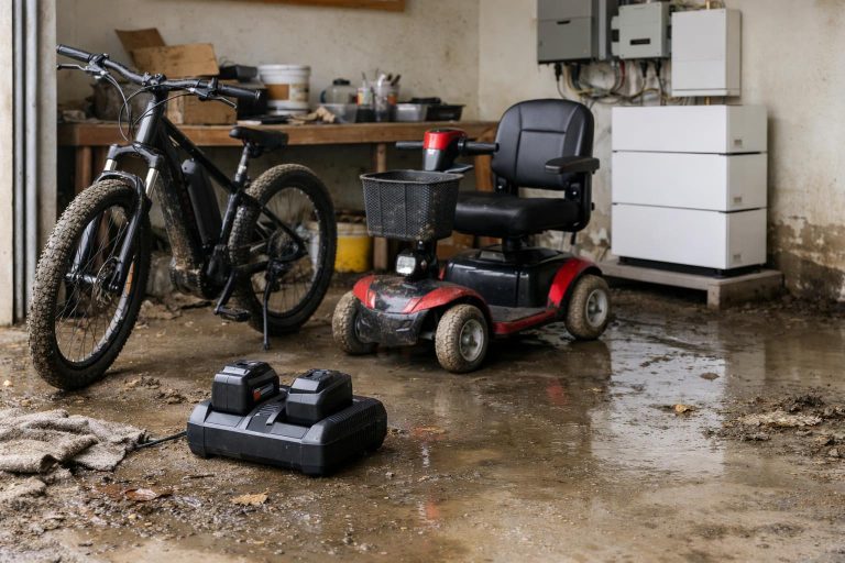 Flood-affected garage with e-bike, power tool battery and mobility scooter set aside after water damage
