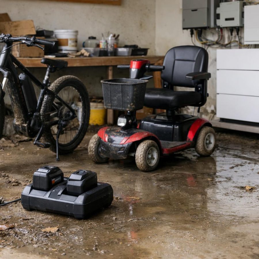 Flood-affected garage with e-bike, power tool battery and mobility scooter set aside after water damage