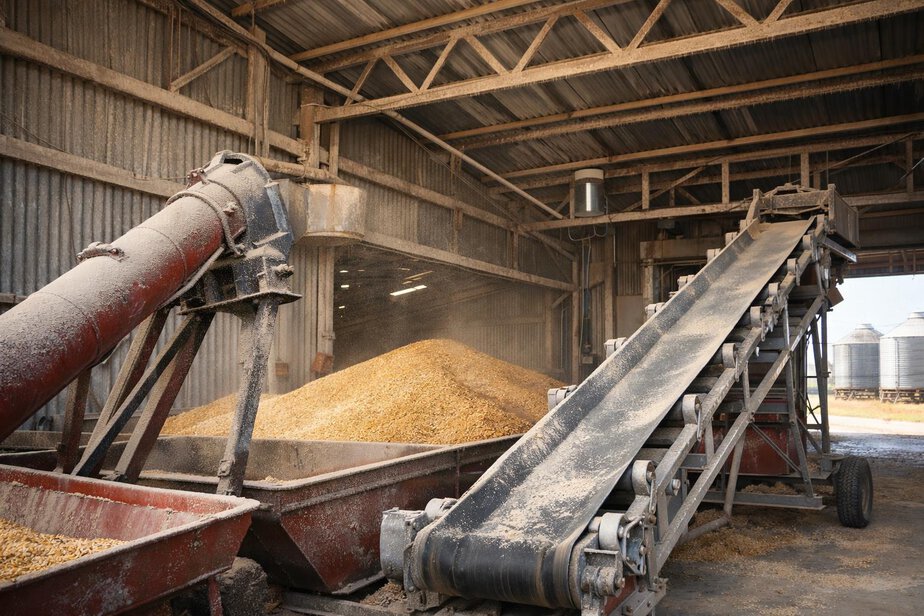 Grain handling machinery with dust on beams and equipment in a farm shed