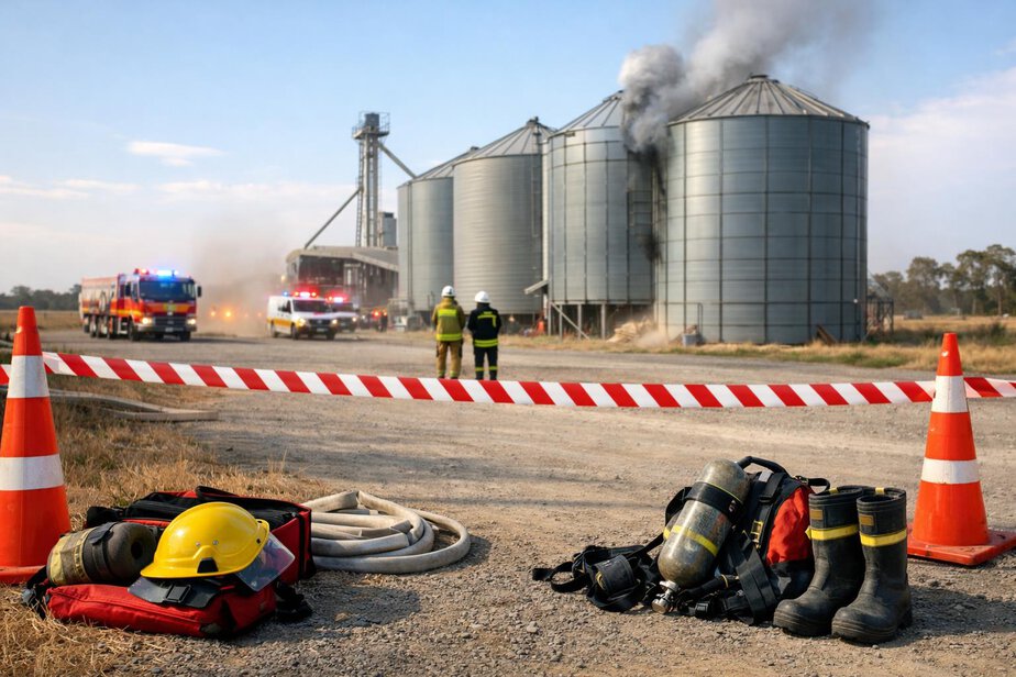 Emergency exclusion zone near a farm silo with responders preparing from a safe distance