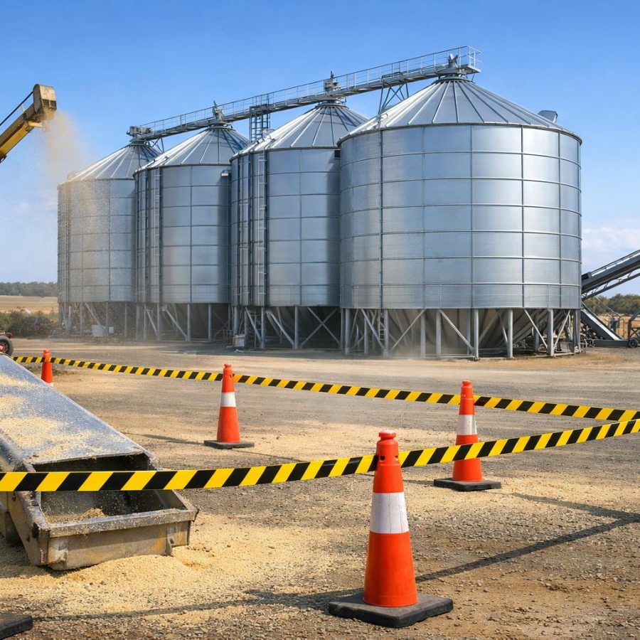 Australian farm grain silo area with storage bins, auger equipment and dusty surfaces in daylight