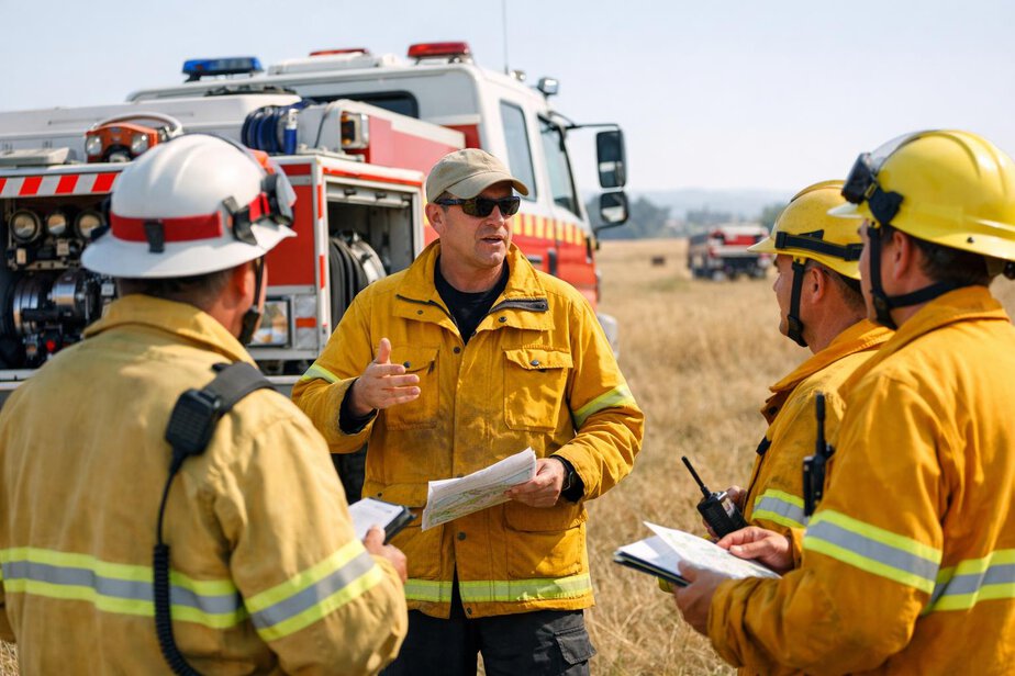 Crew leader briefing tanker crews beside a fire vehicle in a rural grassland setting
