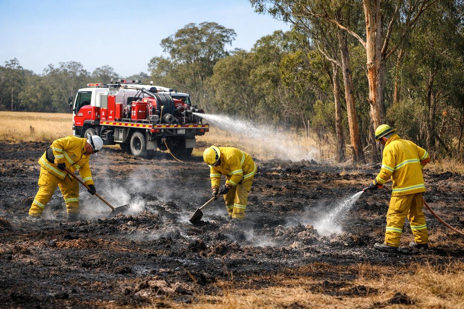 Firefighters using hand tools and water to mop up a blackened grassfire edge