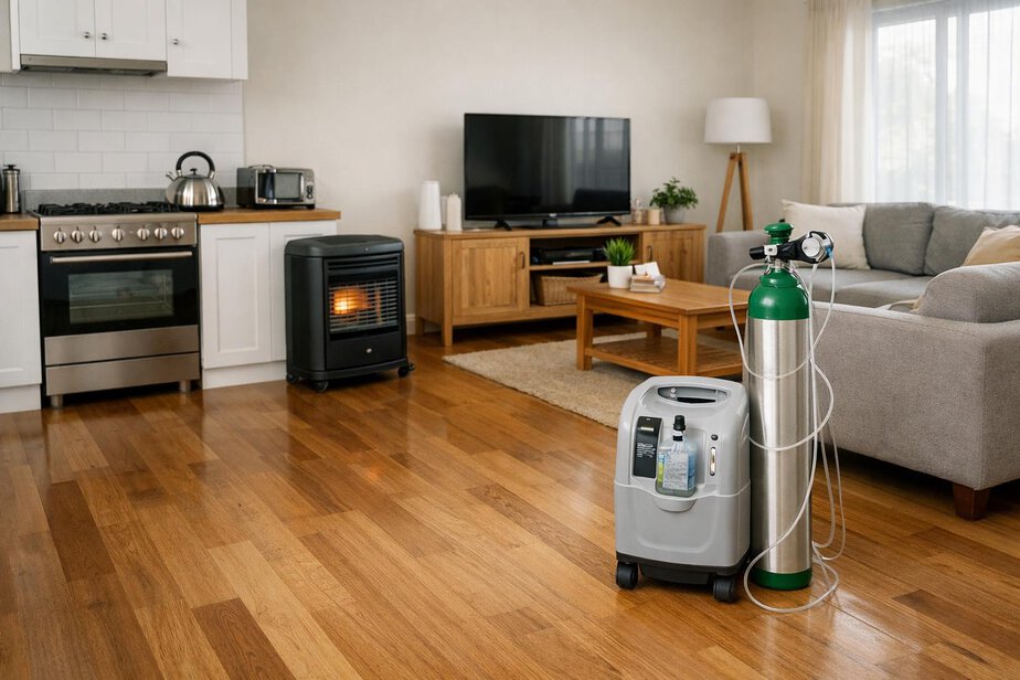 Medical oxygen equipment kept well away from a gas stove, heater and electrical appliances in a tidy home