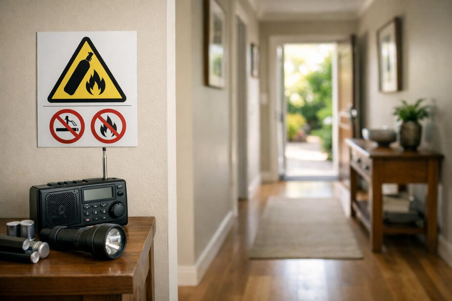 A clear home escape route with a torch, battery radio and oxygen safety notice near the exit