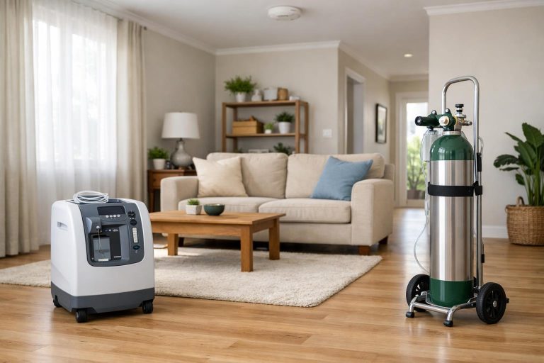 A safe home setup with a medical oxygen concentrator, secured oxygen cylinder and working smoke alarm in a tidy living room