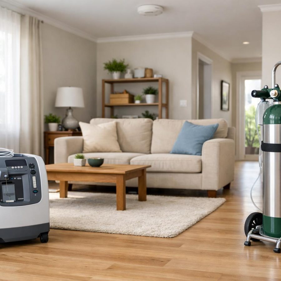 A safe home setup with a medical oxygen concentrator, secured oxygen cylinder and working smoke alarm in a tidy living room