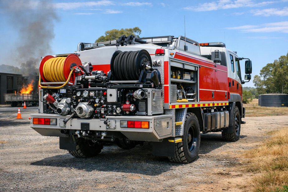 Rural fire tanker with hose reels and pump panel