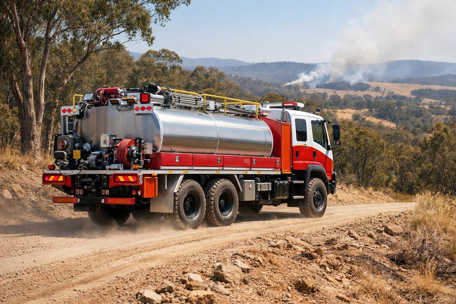 Fire tanker moving on a sloping unsealed rural road
