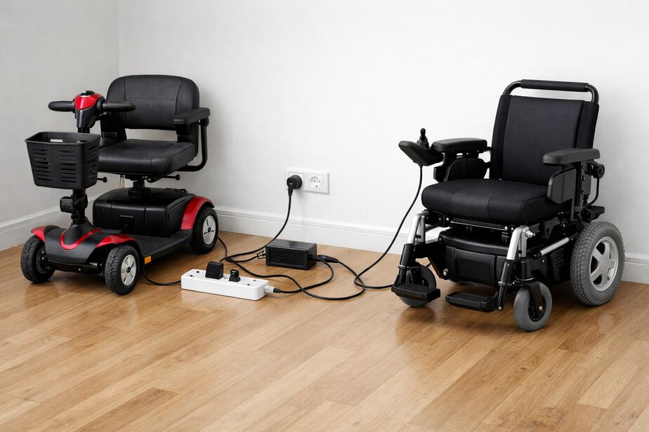 Safe charging setup with clear floor space and a wall outlet