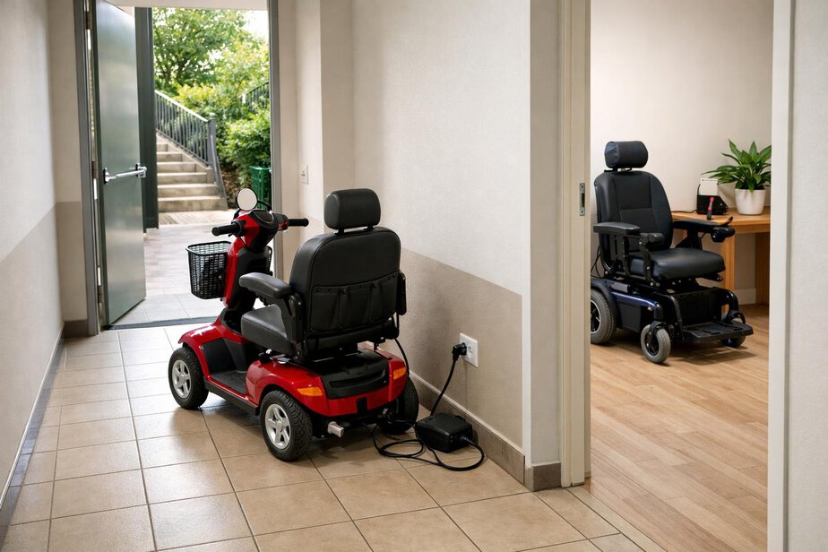 Mobility scooter near a shared corridor and exit path in a residential building