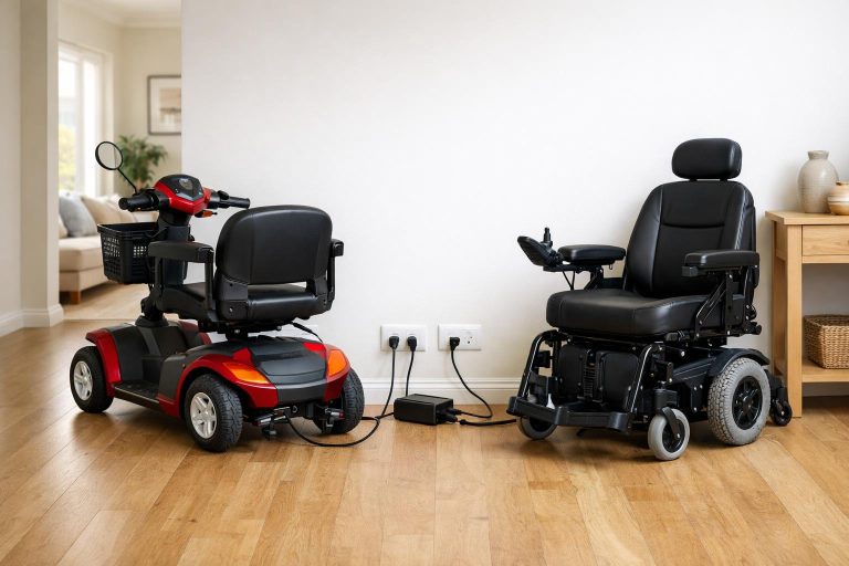Mobility scooter and powered wheelchair charging safely indoors beside a clear wall outlet
