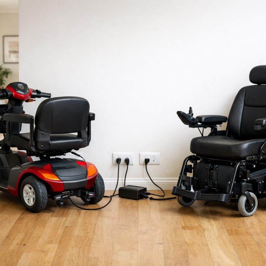 Mobility scooter and powered wheelchair charging safely indoors beside a clear wall outlet