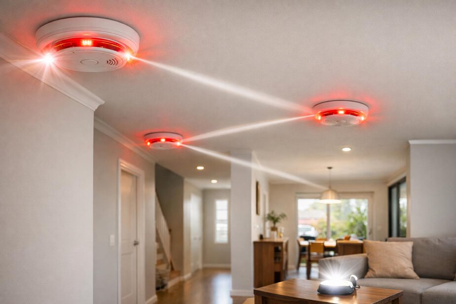 Interconnected smoke alarms in a home hallway and living area