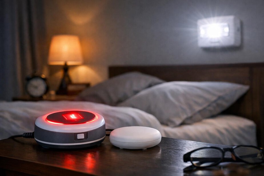 Bedside vibrating smoke alarm alert device and bedroom strobe light