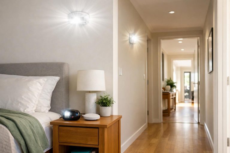 A modern home bedroom and hallway with a flashing smoke alarm alert device and bedside vibrating unit