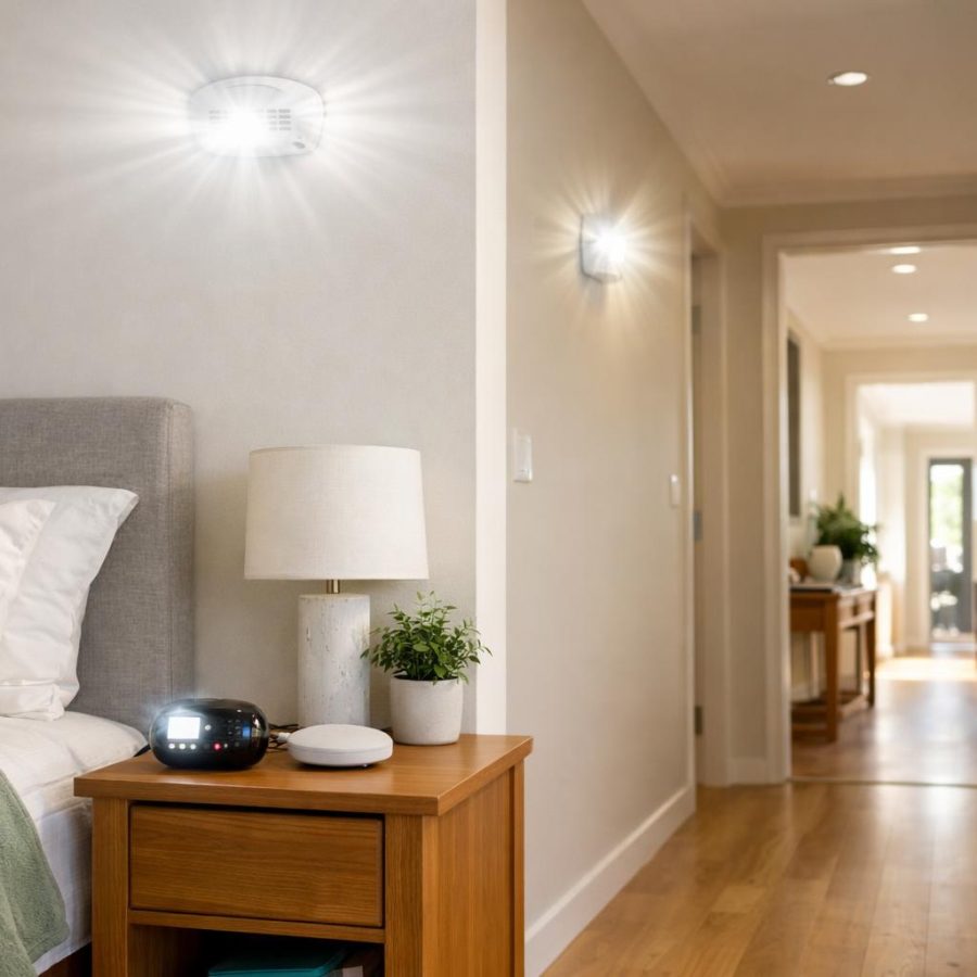 A modern home bedroom and hallway with a flashing smoke alarm alert device and bedside vibrating unit