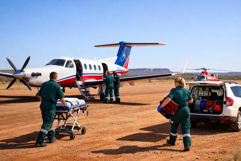 Fixed-wing aeromedical aircraft on a remote airstrip with medical staff preparing for transfer.