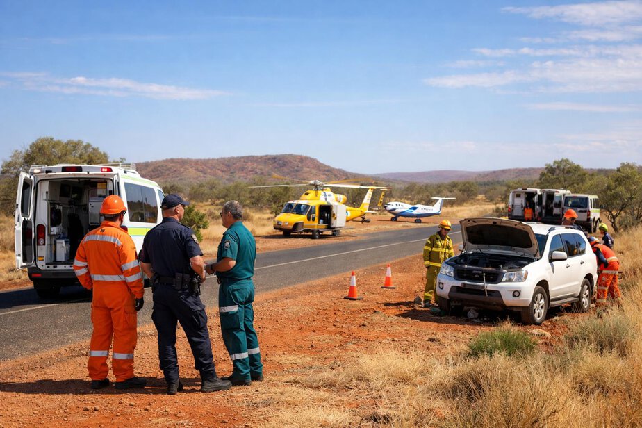 SES, ambulance and police coordinating beside a stranded vehicle on a remote outback roadside.