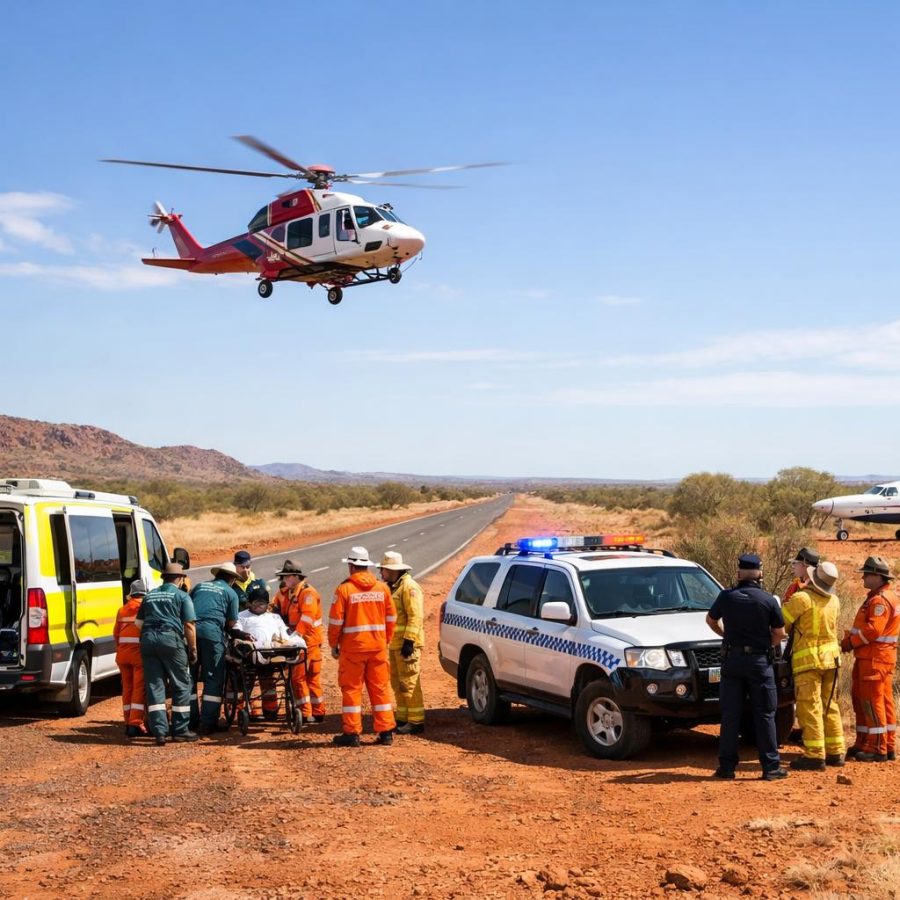 Emergency services working beside a remote Australian highway with a rescue helicopter overhead and outback landscape.