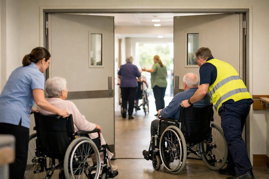 Aged-care staff guiding residents with mobility aids through a protected corridor.