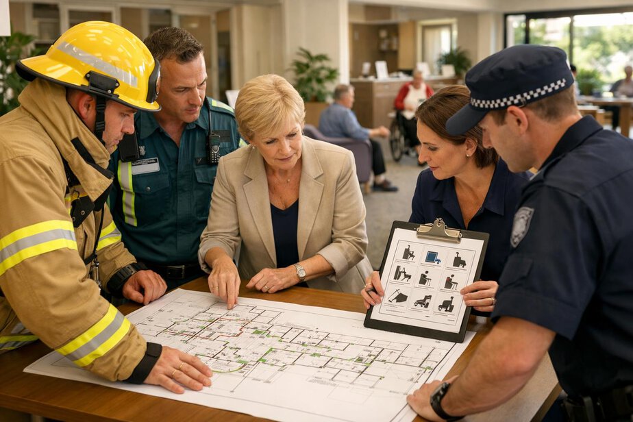 Emergency services and aged-care managers reviewing an evacuation plan together.