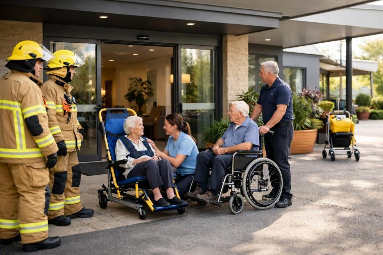 Firefighters and aged-care staff preparing a resident evacuation near a care facility entrance.