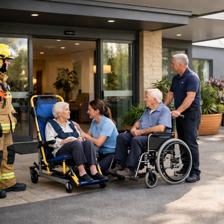 Firefighters and aged-care staff preparing a resident evacuation near a care facility entrance.