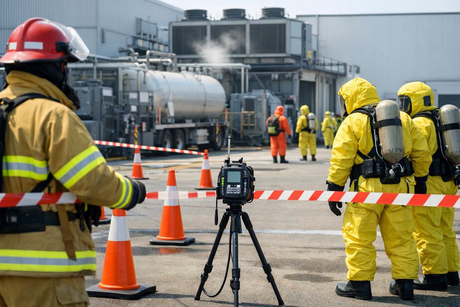 Emergency crews establishing an exclusion zone and using gas monitoring equipment