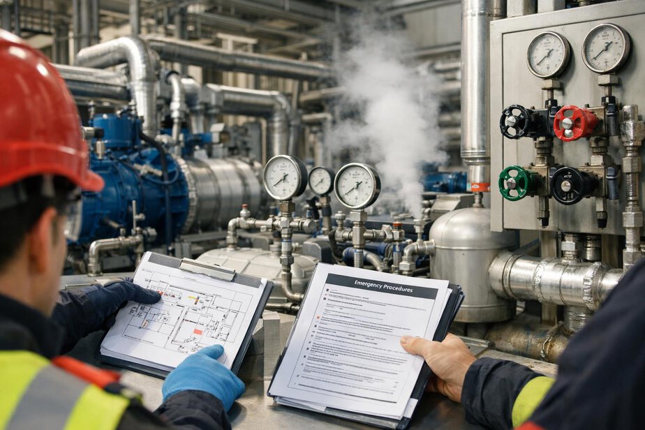 Facility staff and responders reviewing refrigeration plant information and emergency documents