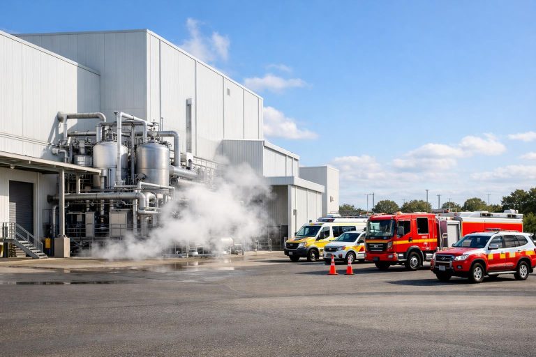 Industrial cold storage site with emergency vehicles staged near refrigeration equipment