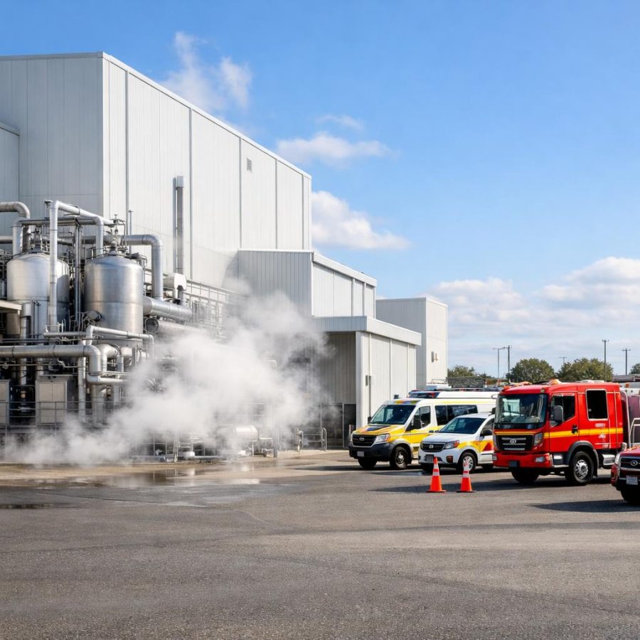 Industrial cold storage site with emergency vehicles staged near refrigeration equipment