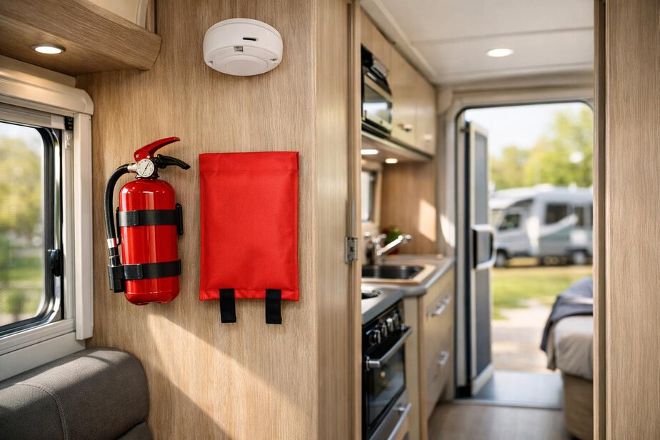 Inside a caravan with a smoke alarm, extinguisher and fire blanket near the exit
