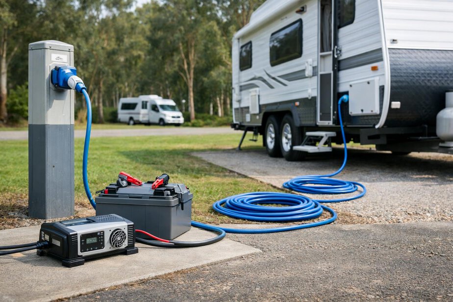 A caravan lead and battery charger set up safely at a campsite