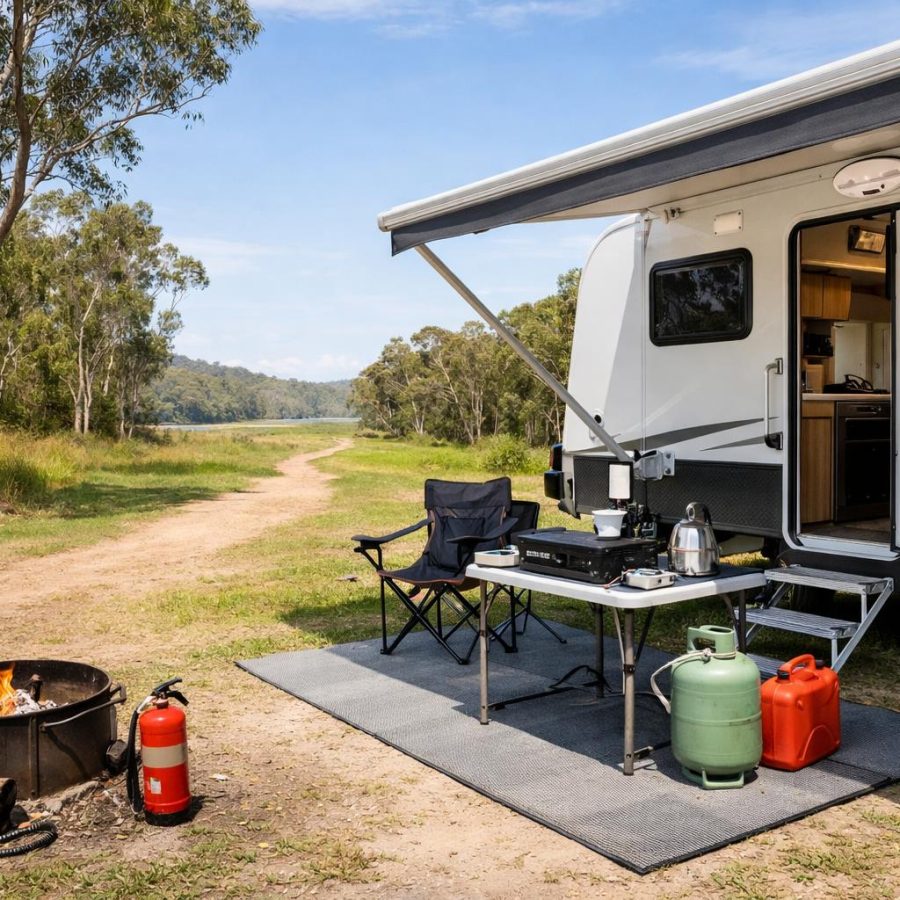 A caravan parked at a campsite with safe setup and clear space around the vehicle