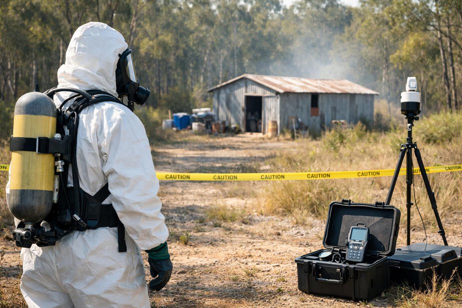 Responder in protective gear assessing a suspected hazardous outbuilding from a safe distance
