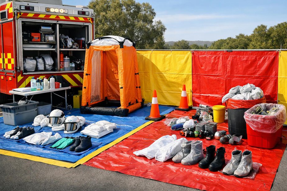 Organised decontamination area with separate clean and contaminated zones beside an emergency vehicle
