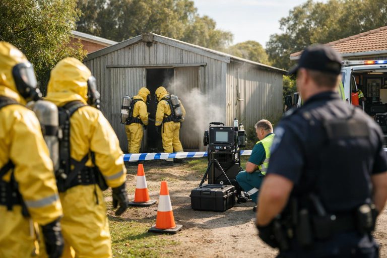 Emergency responders establishing a safety perimeter near a suspected hazardous scene outside a suburban building