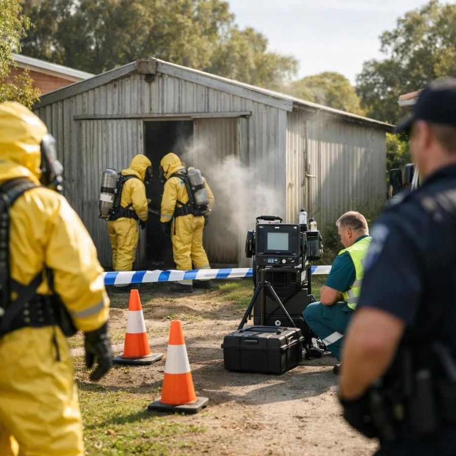 Emergency responders establishing a safety perimeter near a suspected hazardous scene outside a suburban building