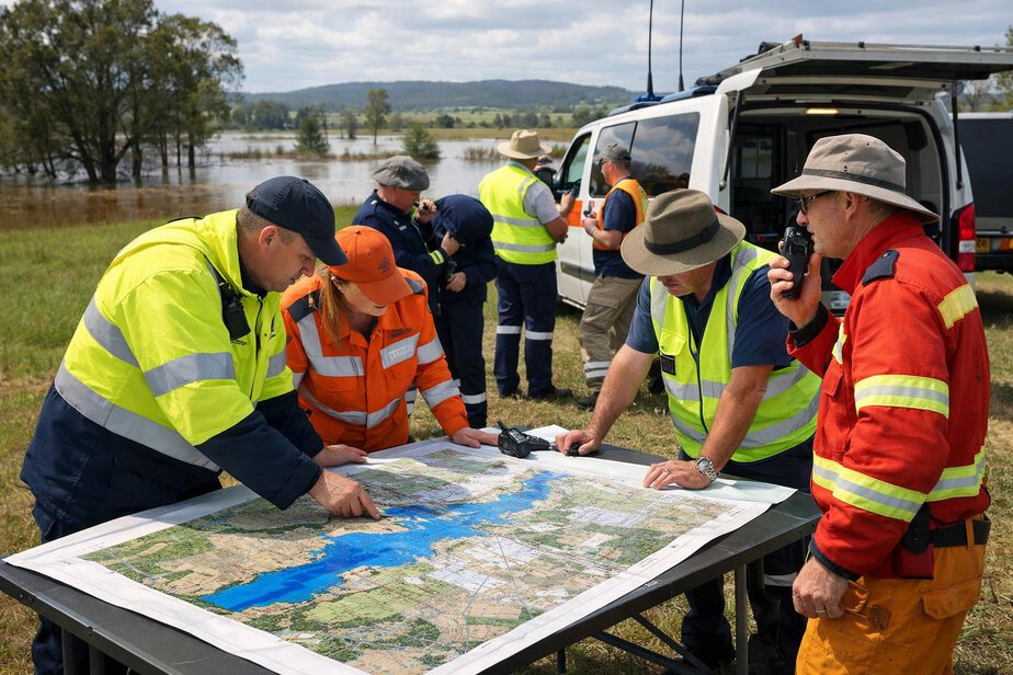 Responders using flood maps and radios at a control point.