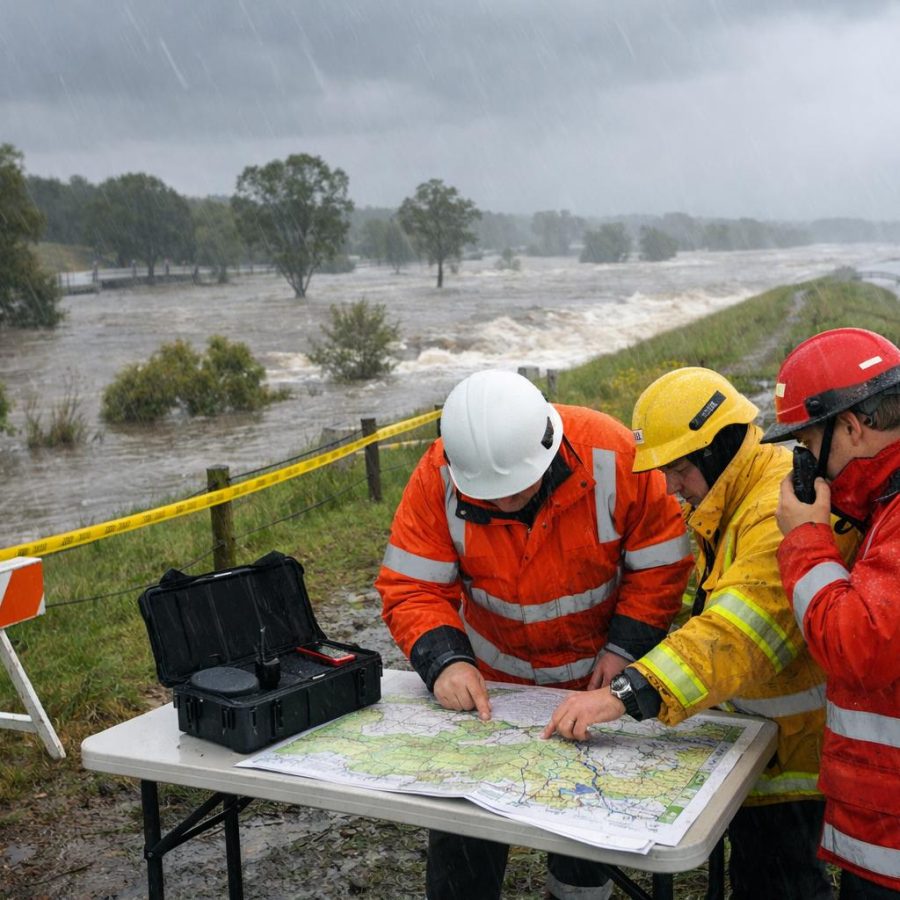 Emergency personnel reviewing flood maps near a levee with rising water in the background.