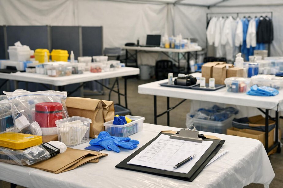Orderly forensic documentation and evidence-handling area with PPE and recording materials.