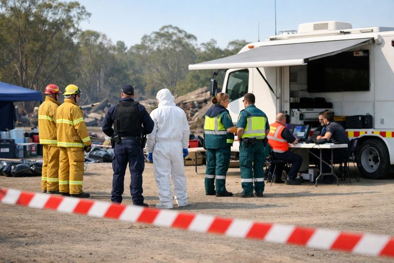 Australian emergency personnel coordinating at a controlled disaster scene with command vehicles and barrier tape.