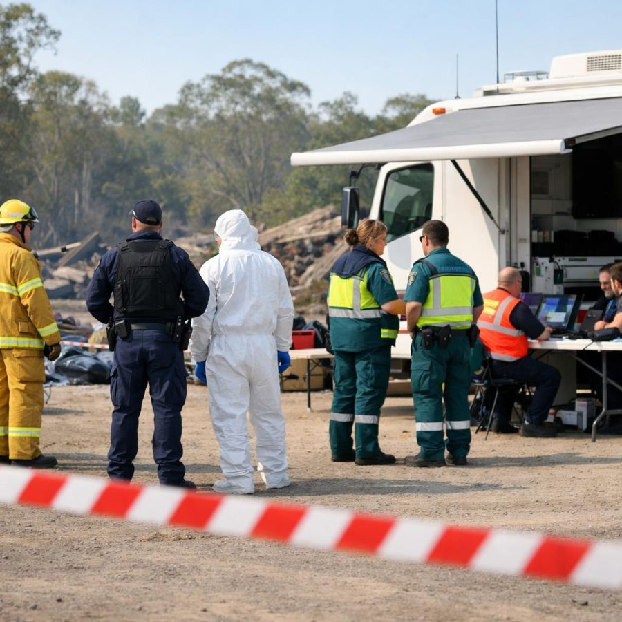 Australian emergency personnel coordinating at a controlled disaster scene with command vehicles and barrier tape.