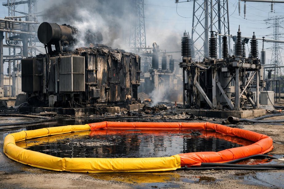 Damaged transformer equipment with smoke and runoff containment measures in place.