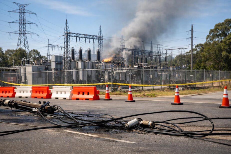Fallen electrical conductors near a fenced utility area with barriers keeping people back.