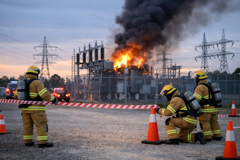 Firefighters establishing an exclusion zone near a smoking electrical substation with appliances parked at a safe distance.