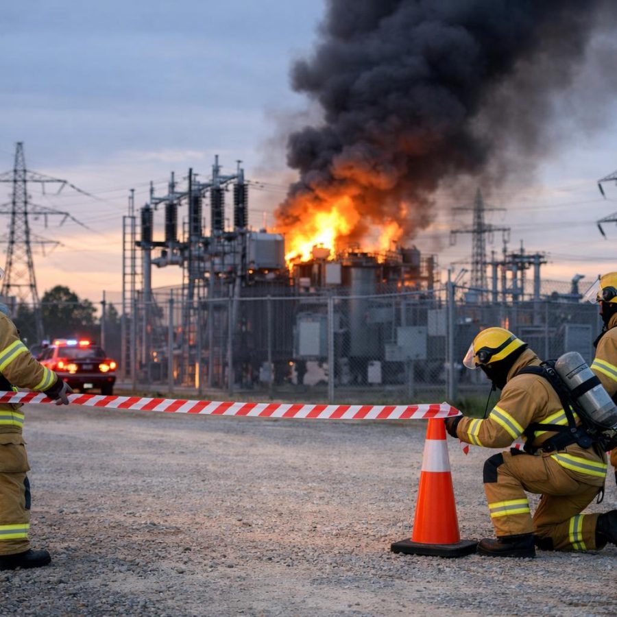 Firefighters establishing an exclusion zone near a smoking electrical substation with appliances parked at a safe distance.