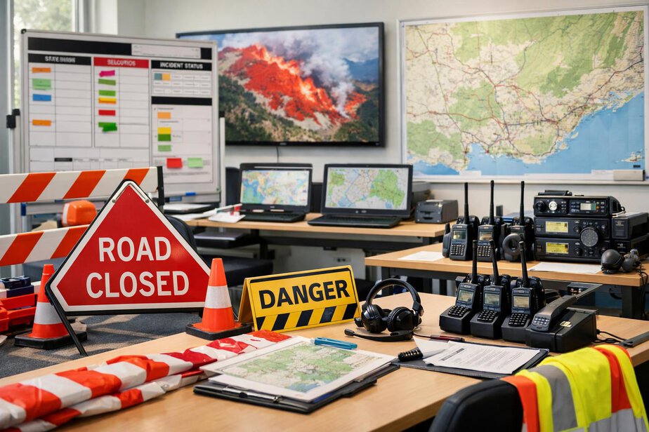 Coordination centre with incident maps, planning boards and radio equipment